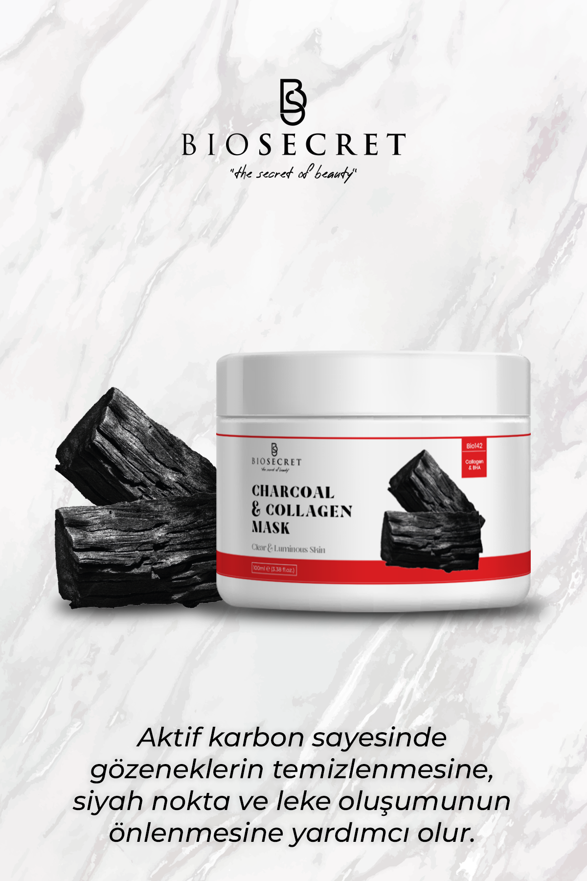 Bio142  Gözenek, Leke, Siyah Nokta Karşıtı Kömür Kolajen Maskesi Charcoal Collagen Mask 100ml