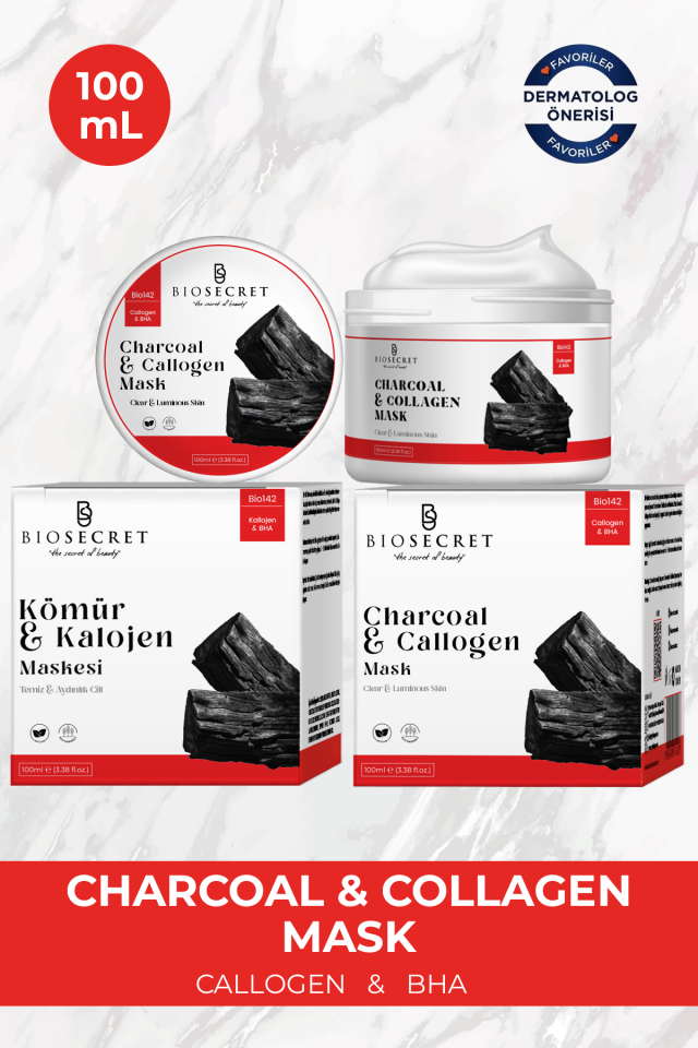 Bio142  Gözenek, Leke, Siyah Nokta Karşıtı Kömür Kolajen Maskesi Charcoal Collagen Mask 100ml